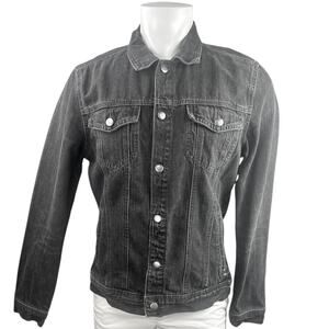 21 Men Men's Black Long Sleeve Button Up Collared Denim Jean Shirt Coat Jacket L